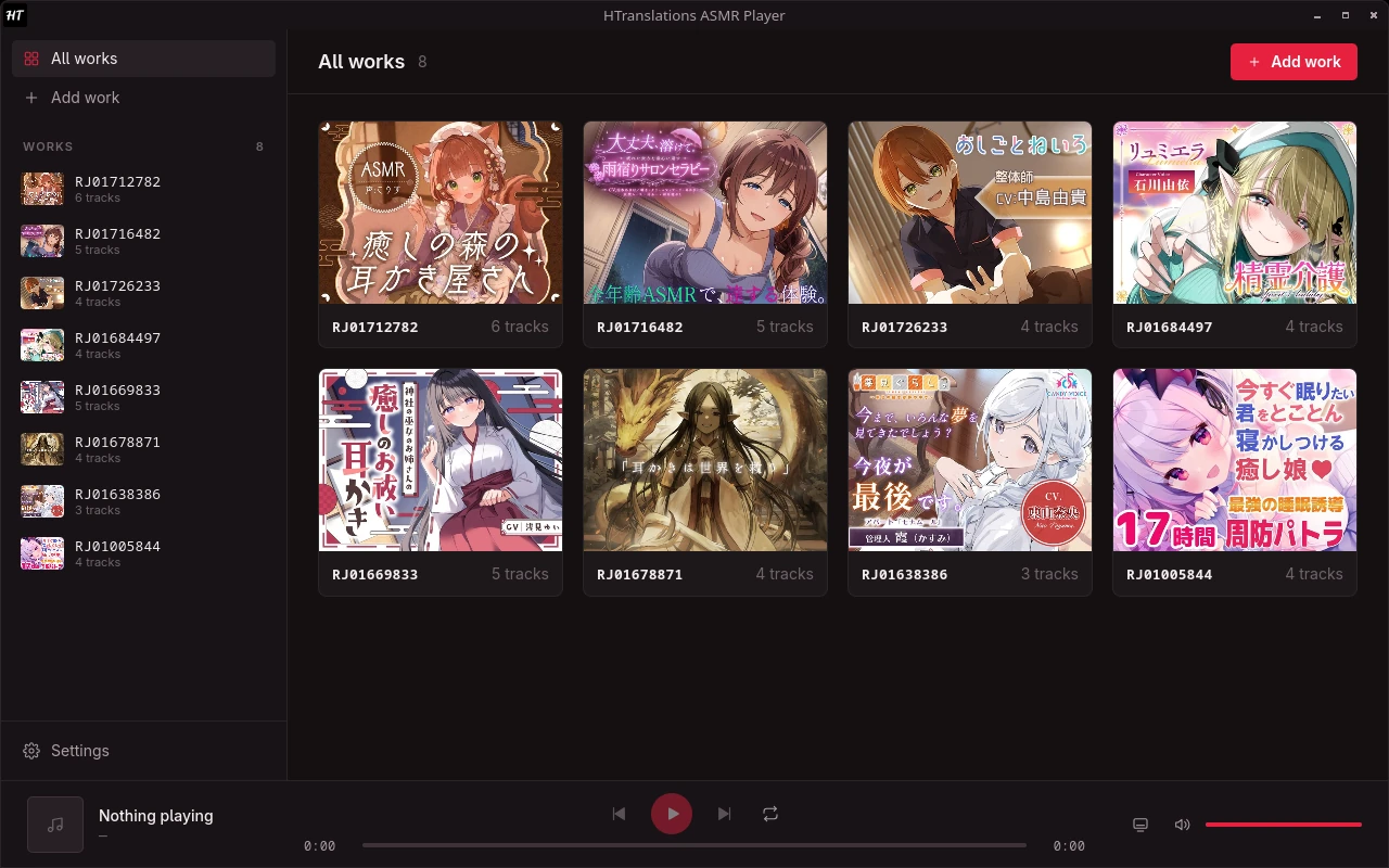 Library grid with the covers of eight works