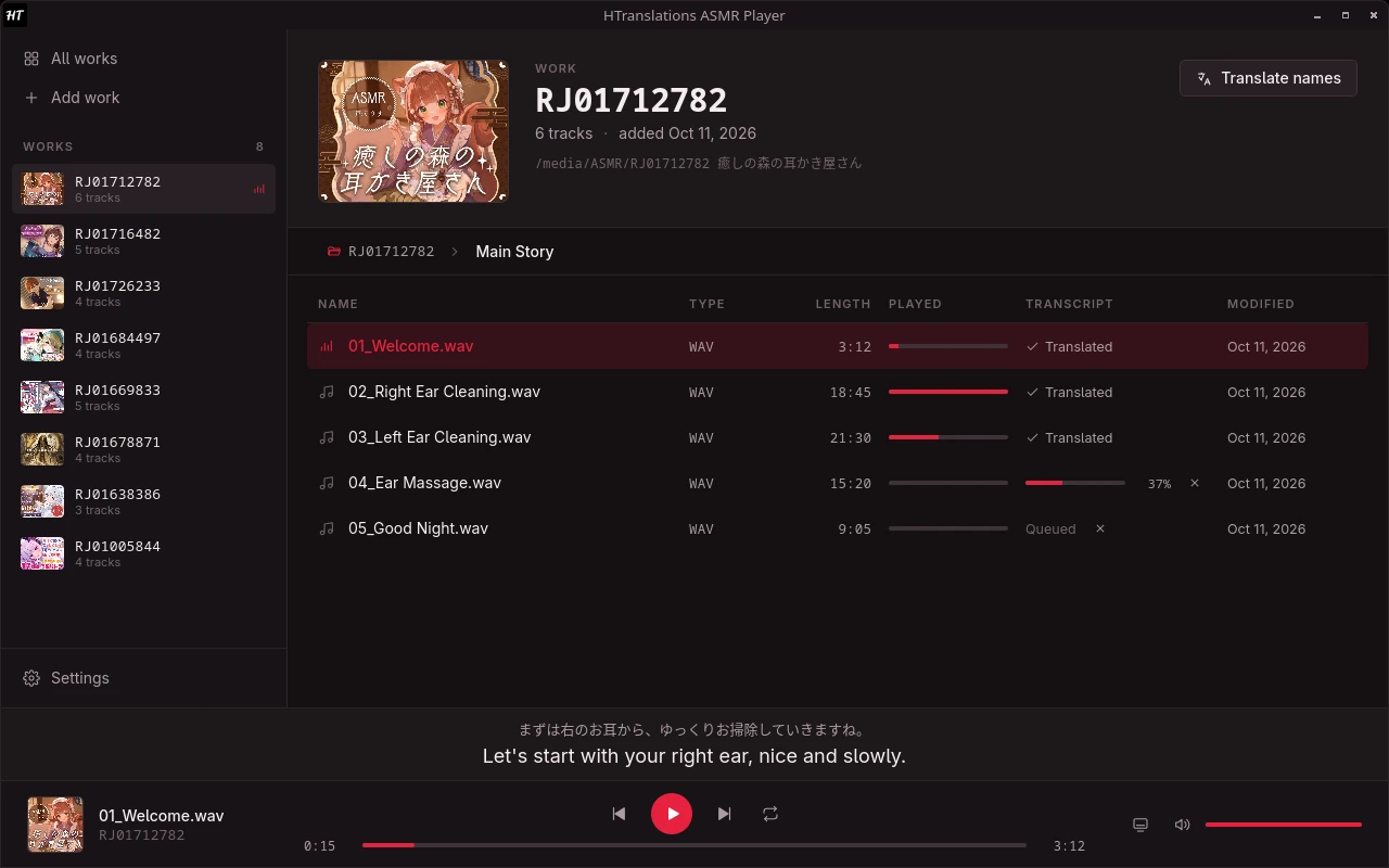 Track list with one track being transcribed and two more queued
