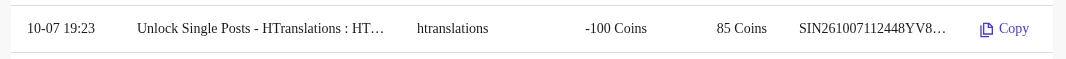 A Billing History line: Unlock Single Posts - HTranslations, its Trans No. starting with SIN, and a Copy button
