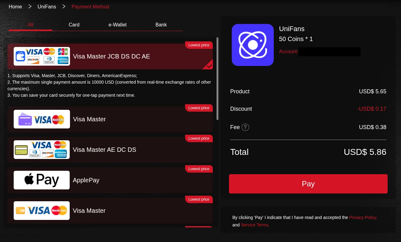 AppTopUp checkout for 50 UniFans coins with the card options selected and the order total