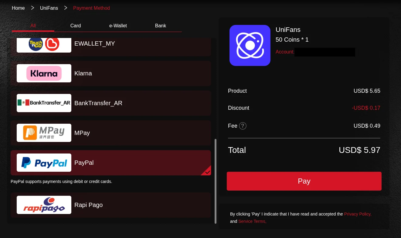 AppTopUp checkout for 50 UniFans coins with PayPal selected and the order total