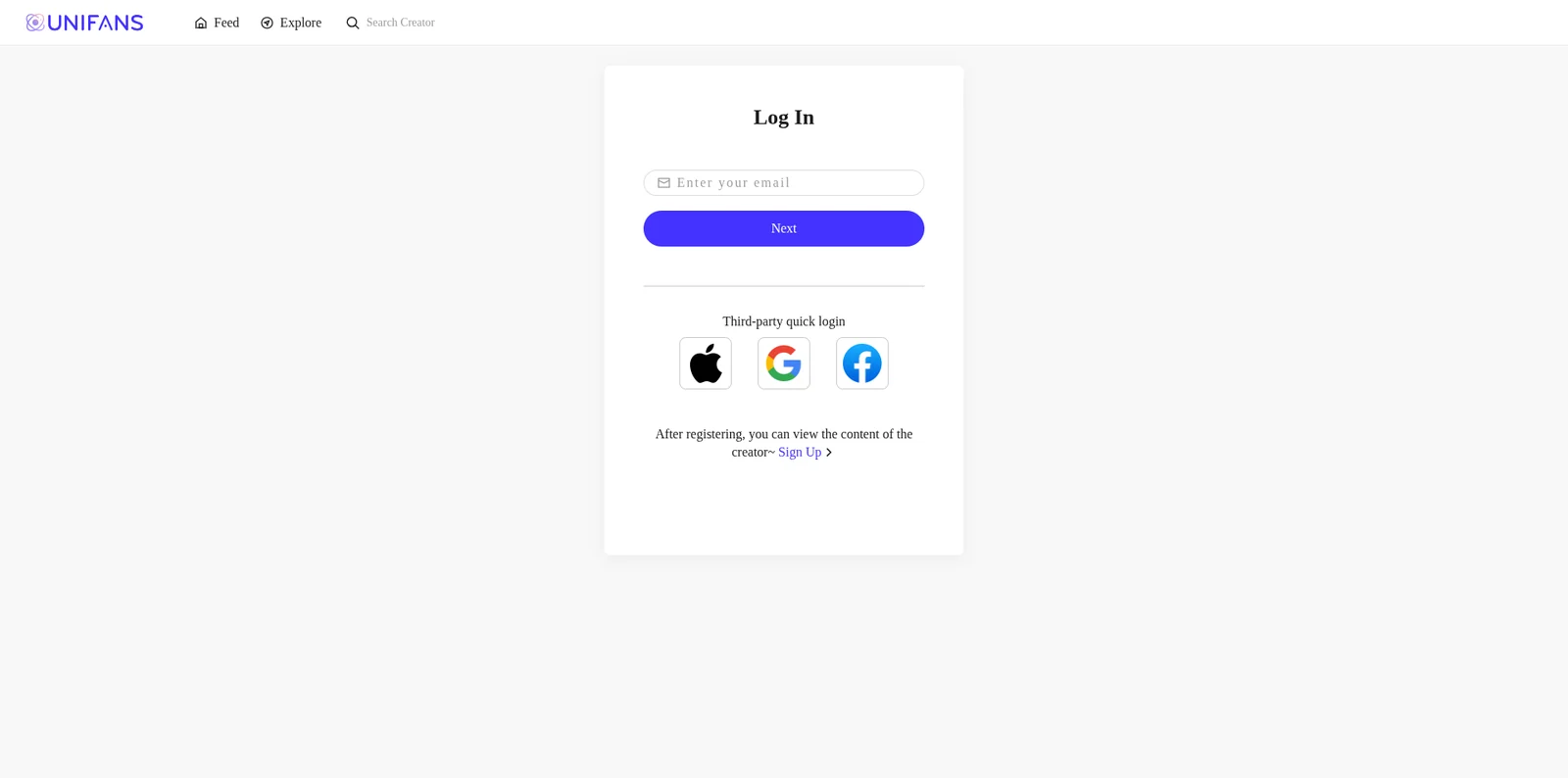 UniFans log-in page with email, Apple, Google and Facebook options and a Sign Up link