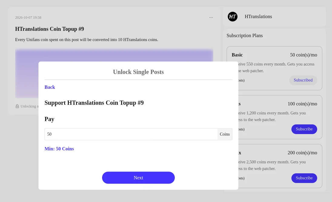UniFans Unlock Single Posts dialog for HTranslations Coin Topup #9 with the Pay box set to 50 coins and a Next button