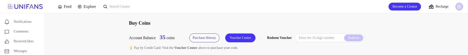 UniFans Buy Coins page with the account balance, Purchase History, Voucher Center and Redeem Voucher