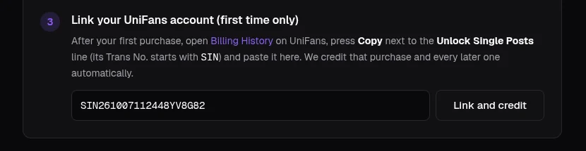 Our Support page with the Trans No. pasted into the link box and the Link and credit button