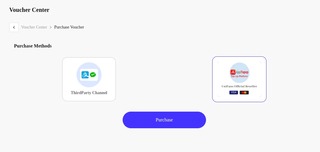 UniFans Purchase Voucher page with the ThirdParty Channel and AppTopup options